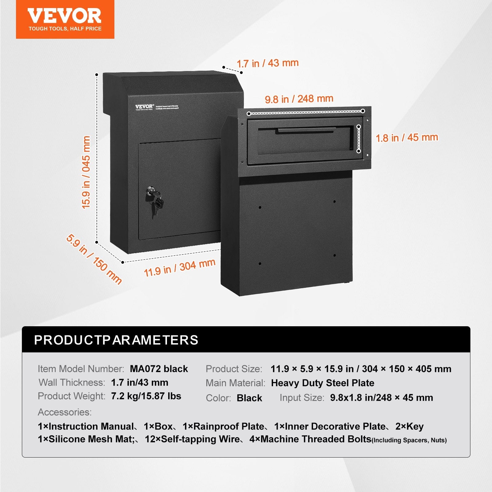 VEVOR Through The Door Key Drop Box 12x6x16" Mailbox with 1.8"12" Key Lock Black 