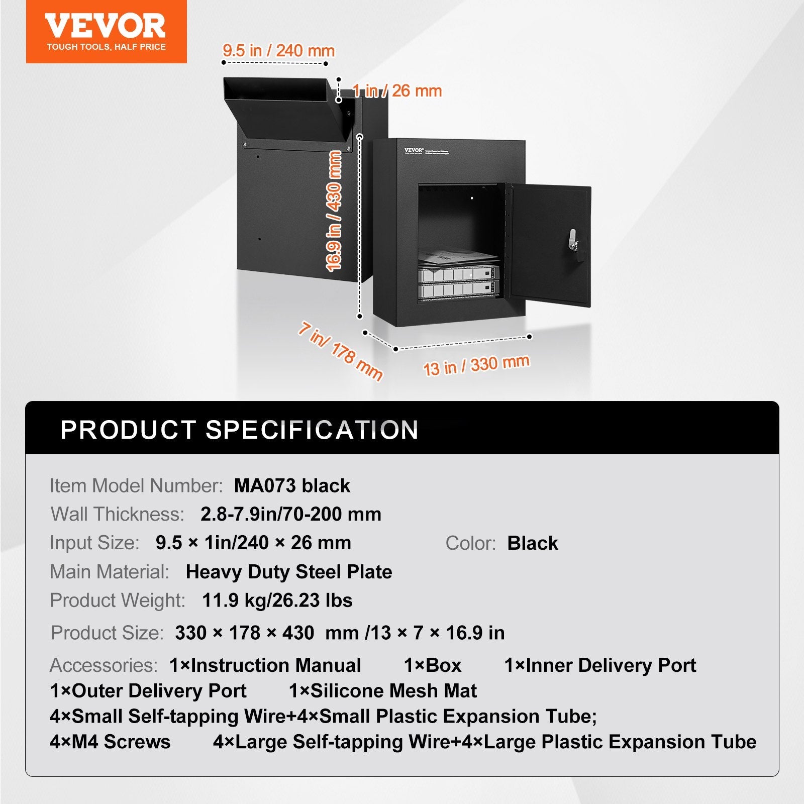 VEVOR Through The Wall Drop Box, Heavy Duty Steel Through the Wall Mailbox with 2.8-7.9" 13" Combination Lock, 13x7x17" Mail Drop Box, Black 