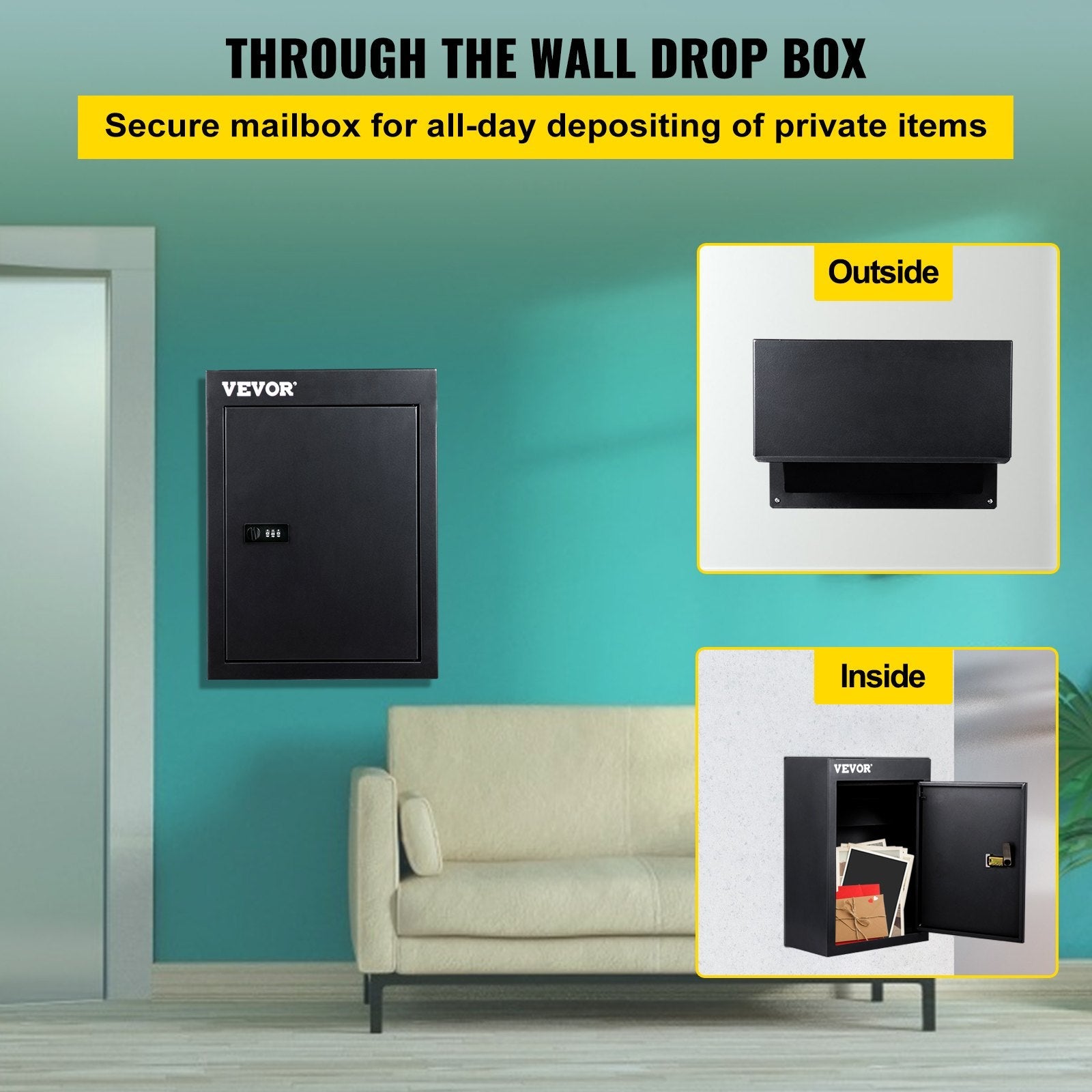Vevor Through-the-wall Mailbox Letter Drop Box Adjustable Chute Rainproof Black 