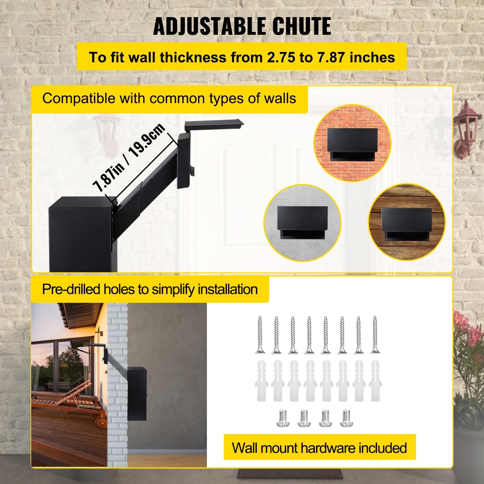 Vevor Through-the-wall Mailbox Letter Drop Box Adjustable Chute Rainproof Black 