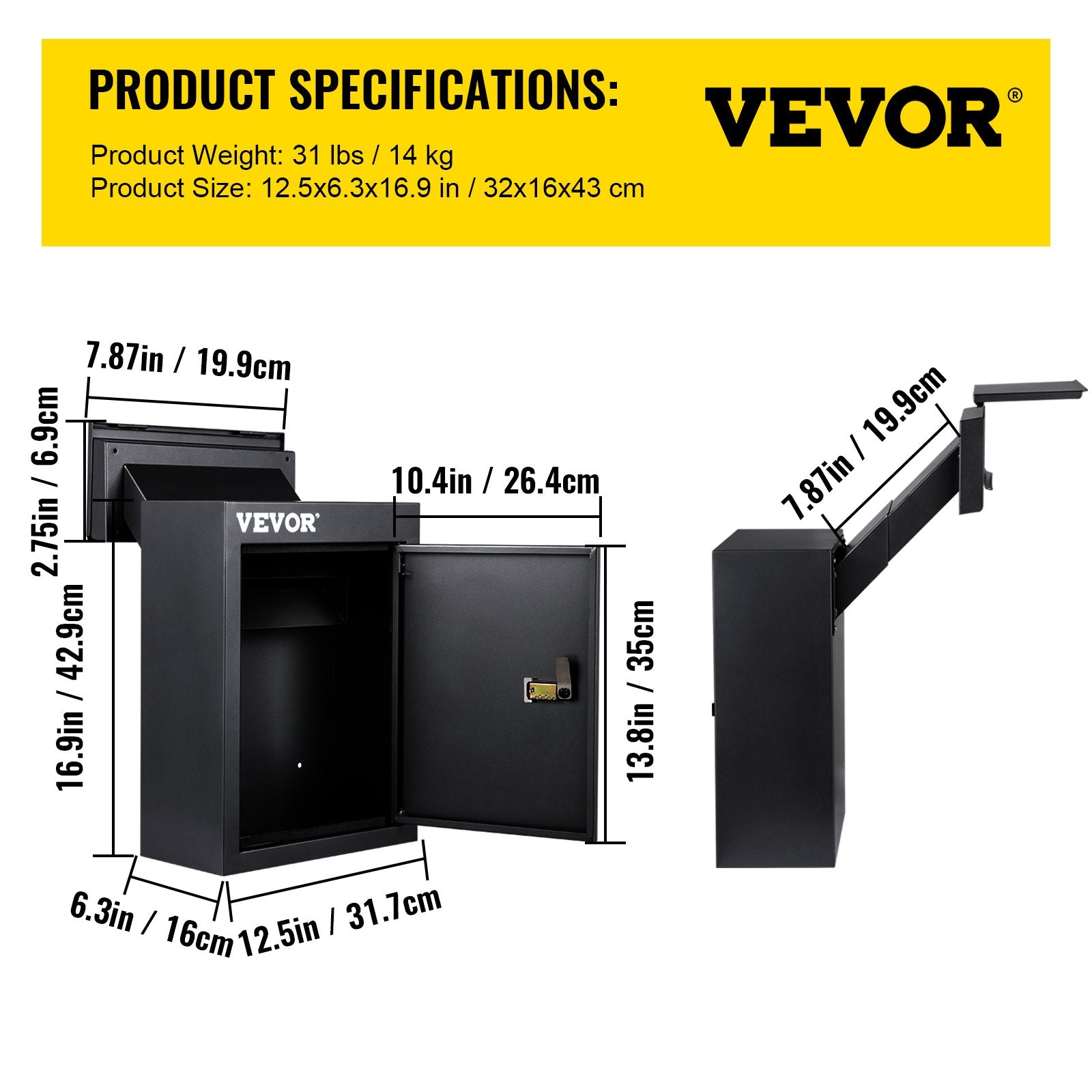 Vevor Through-the-wall Mailbox Letter Drop Box Adjustable Chute Rainproof Black 