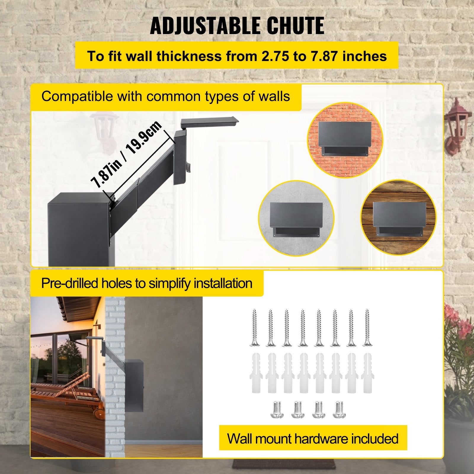 Vevor Through-the-wall Mailbox Letter Drop Box W/adjustable Chute&code Lock Grey 