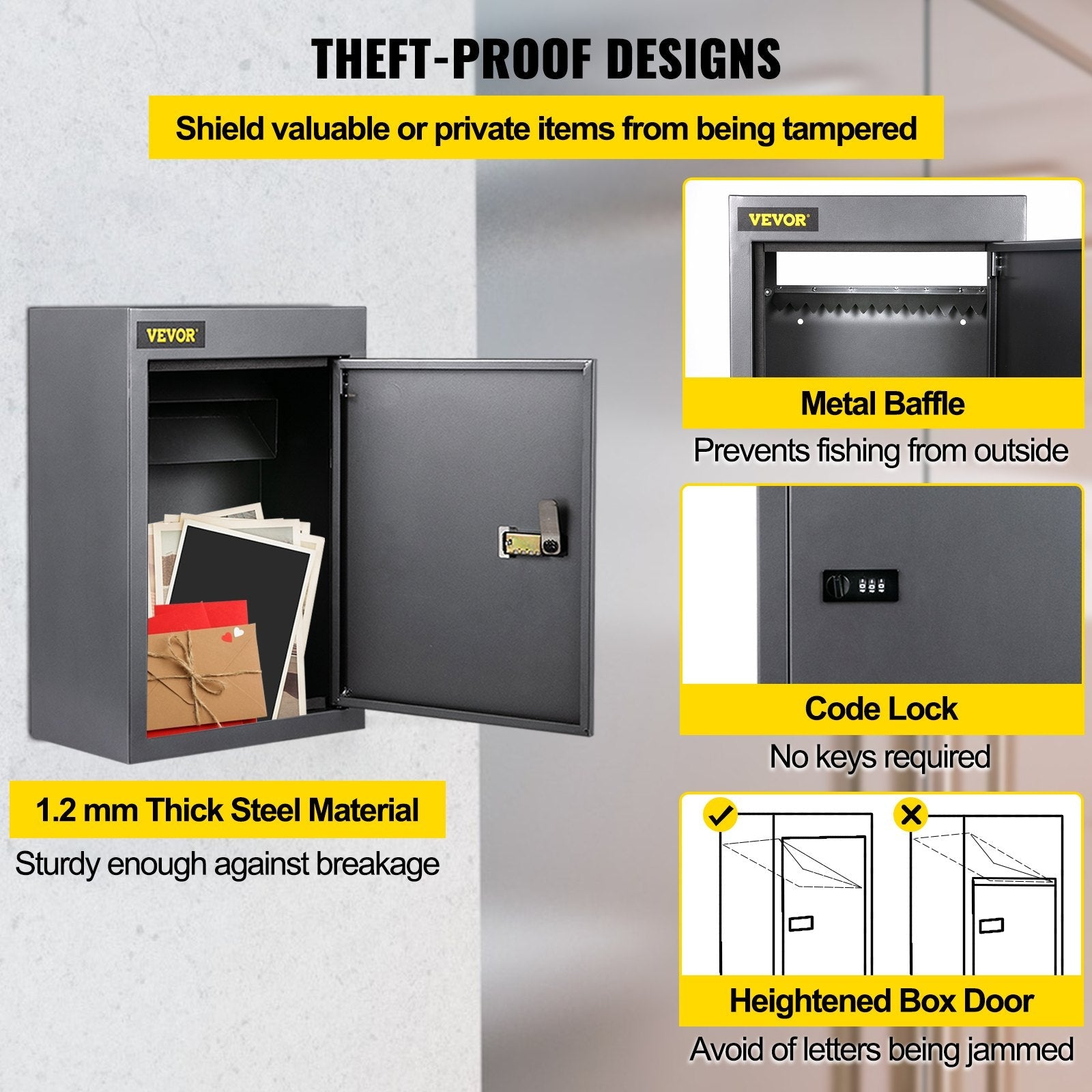 Vevor Through-the-wall Mailbox Letter Drop Box W/adjustable Chute&code Lock Grey 