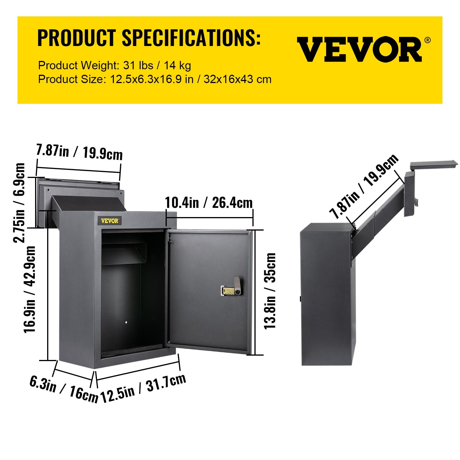 Vevor Through-the-wall Mailbox Letter Drop Box W/adjustable Chute&code Lock Grey 