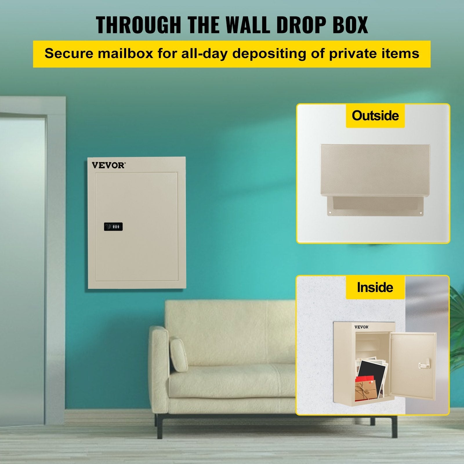 Vevor Through-the-wall Mailbox Letter Drop Box Adjustable Chute Rainproof Beige 