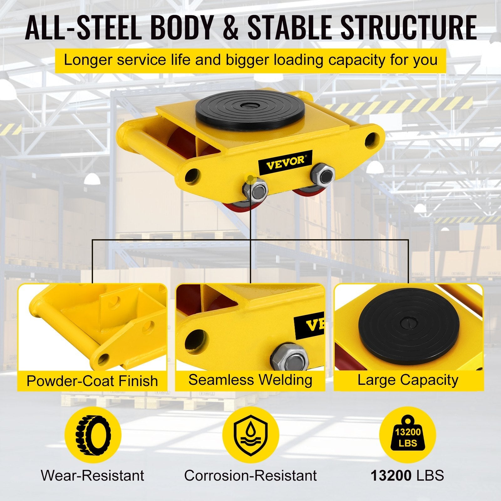 VEVOR Industrial Machinery Mover, 6T/13200lbs Machinery Moving Skate with 360°Rotation Cap and 4 Rollers & PU Wheels, Heavy Duty Dolly Skates for Moving Equipment 