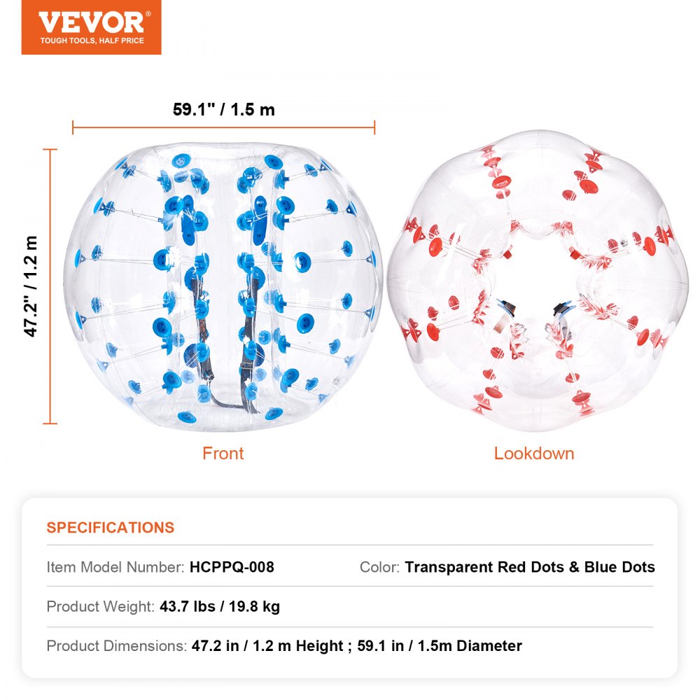 VEVOR Inflatable Bumper Balls 2-Pack, 5FT/1.5M Body Sumo Zorb Balls for Teen & Adult, 0.8mm Thick PVC Human Hamster Bubble Balls for Outdoor Team Gaming Play, Bumper Bopper Toys for Garden, Yard, Park 
