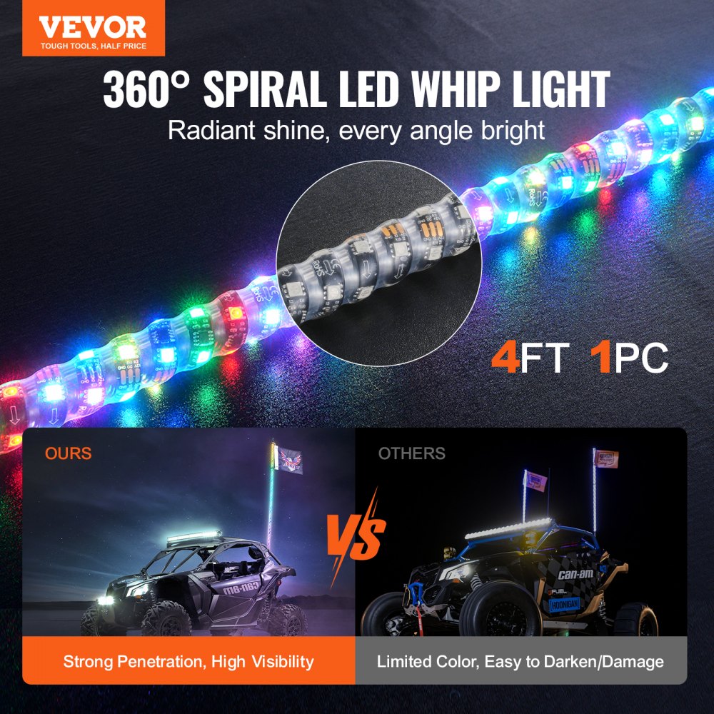 VEVOR 1 PC 4 FT Whip Light, APP & RF Remote Control Led Whip Light, Waterproof 360°Spiral RGB Chasing Lighted Whips with 2 Flags, for UTVs, ATVs, Motorcycles, RZR, Can-am, Trucks, Off-road, Go-karts 