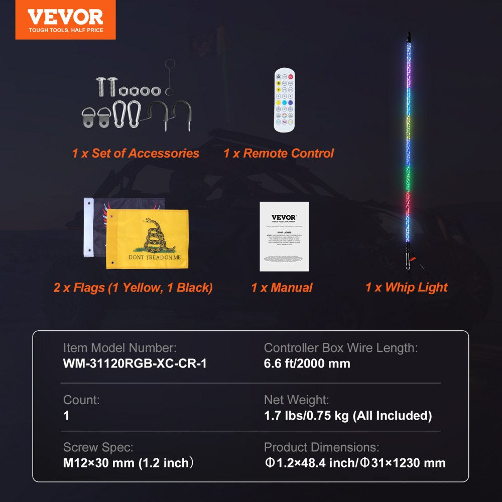 VEVOR 1 PC 4 FT Whip Light, APP & RF Remote Control Led Whip Light, Waterproof 360°Spiral RGB Chasing Lighted Whips with 2 Flags, for UTVs, ATVs, Motorcycles, RZR, Can-am, Trucks, Off-road, Go-karts 