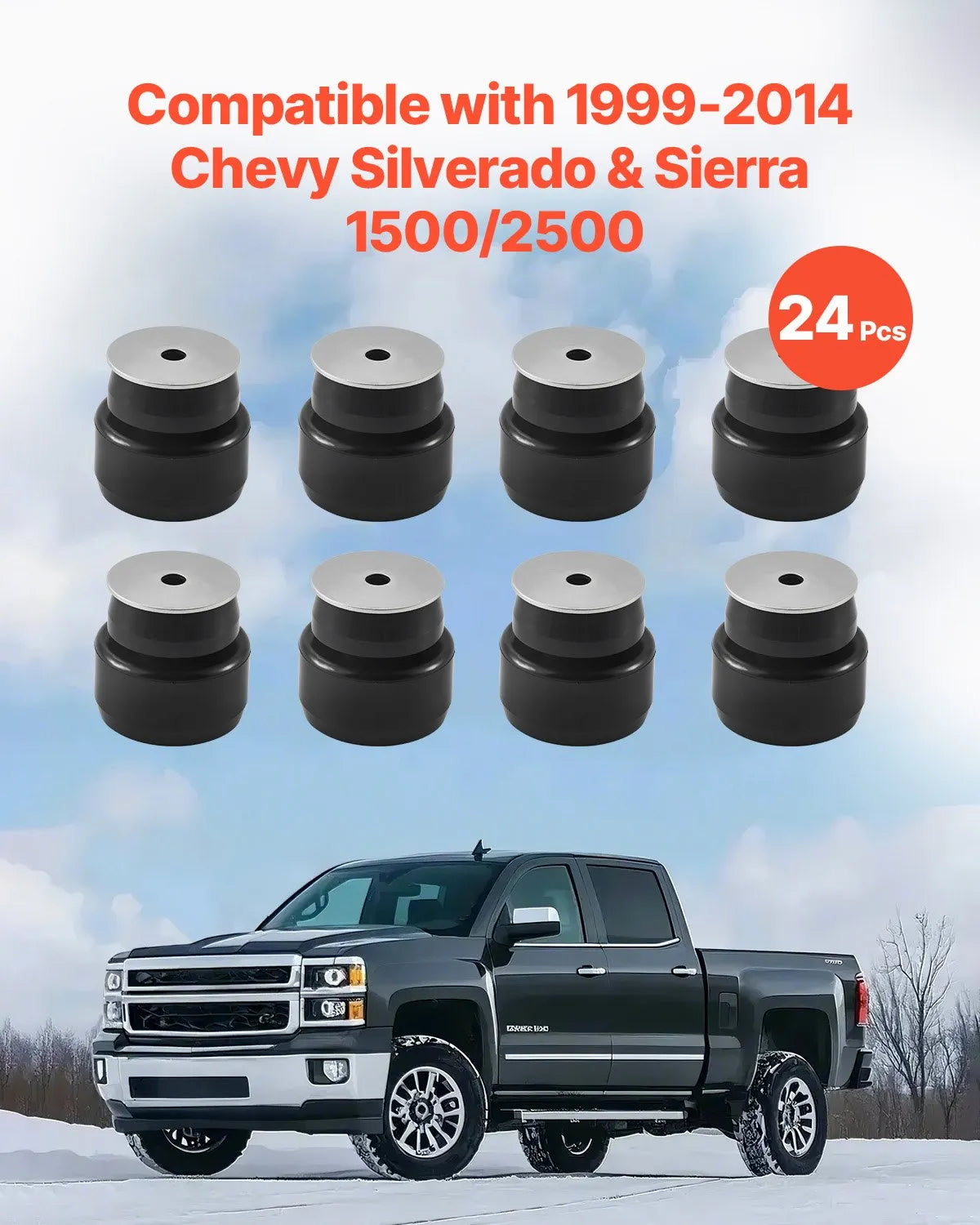 VEVOR Body Mount Bushing Kit, Compatible with 1999-2014 Chevy Silverado & Sierra 1500/2500, 24 PCS Polyurethane Body Mount Kit, Durable Components for Improving Bumpy Driving Performance, Black 