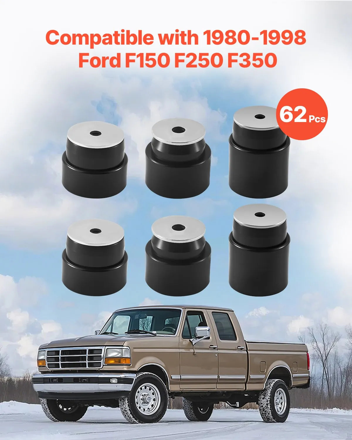 VEVOR Body Mount Bushing Kit, Compatible with 1980-1998 Ford F150 F250 F350, 62 PCS Polyurethane Body Mount Kit, Quick Replacement, Durable Components for Improving Bumpy Driving Performance, Black 