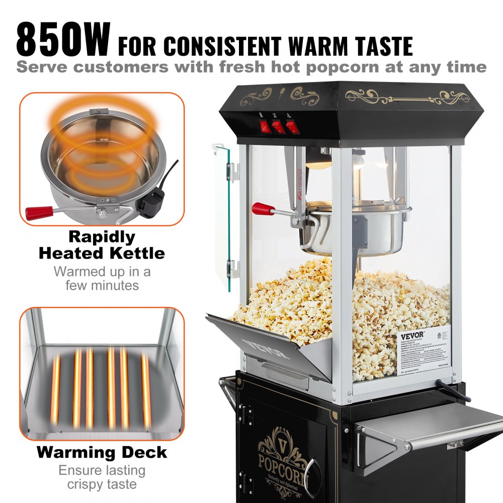 VEVOR Popcorn Popper Machine with Cart  Popcorn Maker 850W 8 Oz 48 Cups Black 