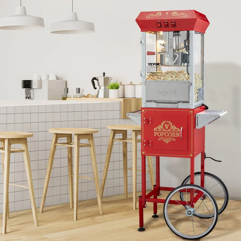VEVOR Commercial Popcorn Machine, 8 Oz Kettle, 850 W Popcorn Maker on Wheels for 48 Cups per Batch, Theater Style Popper with 3-Switch Control Steel Frame Tempered Glass Doors Cart 1 Scoop 2 Spoons, R