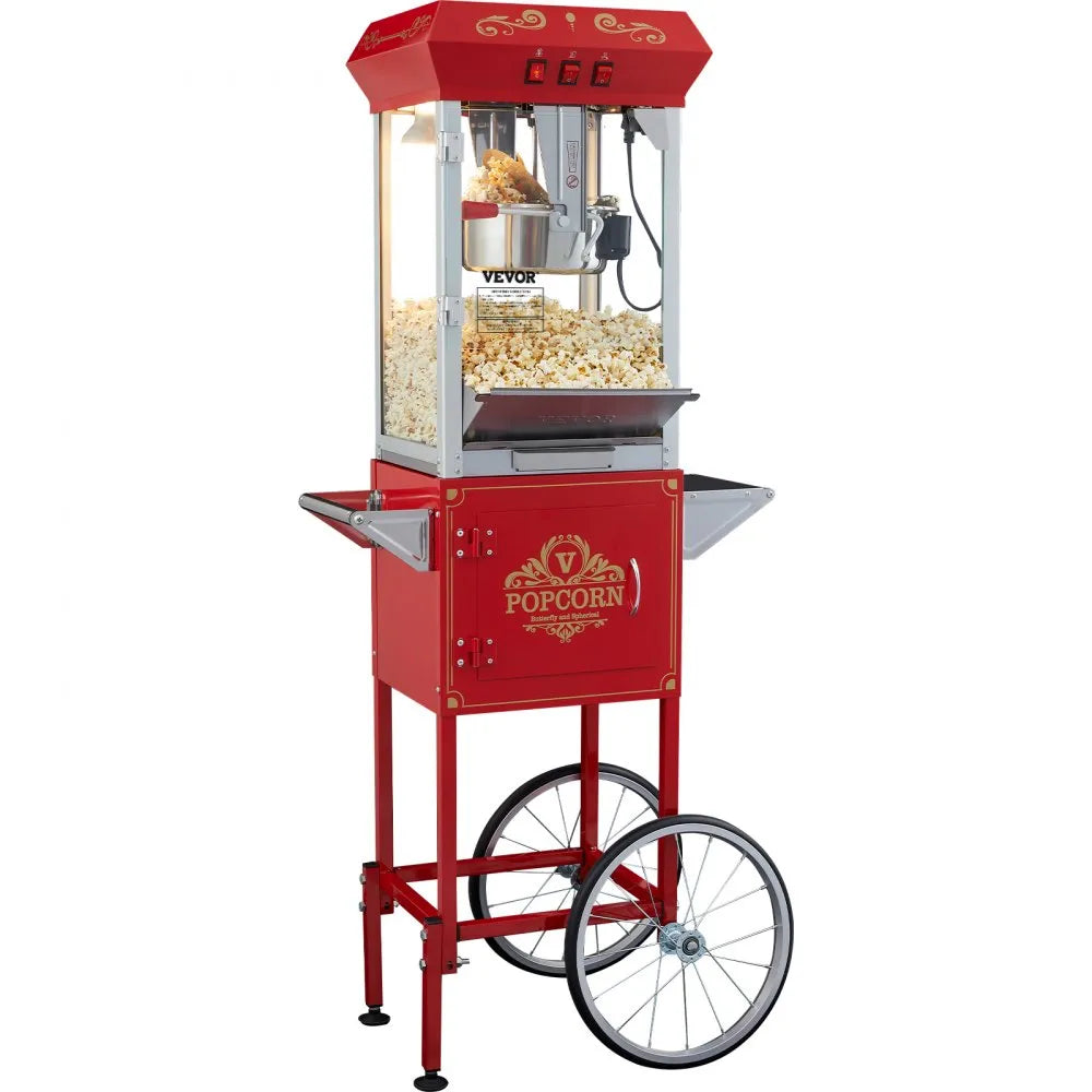 VEVOR Commercial Popcorn Machine, 8 Oz Kettle, 850 W Popcorn Maker on Wheels for 48 Cups per Batch, Theater Style Popper with 3-Switch Control Steel Frame Tempered Glass Doors Cart 1 Scoop 2 Spoons, R
