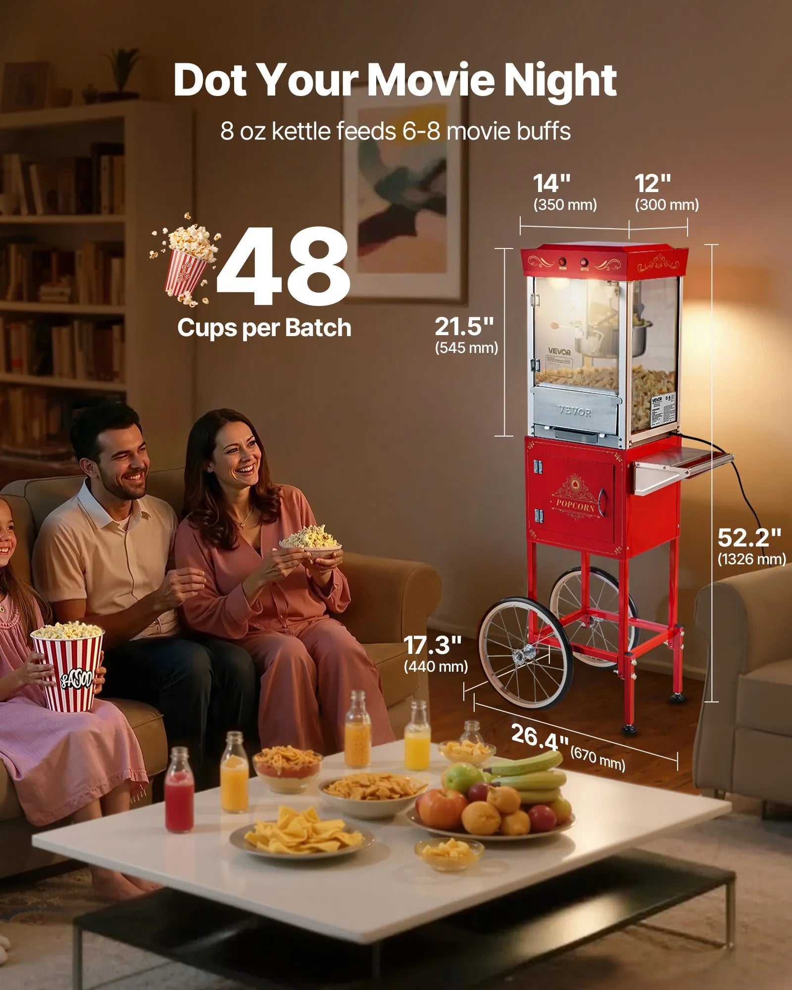 VEVOR Popcorn Machine with Cart, 8oz Stainless Steel Kettle, 800W Commercial Popcorn Maker, 48 Cups per Batch Theater Style Popper, with 2-Button Control Glass Wall PC Door 1 Scoop 3 Spoons, Red 