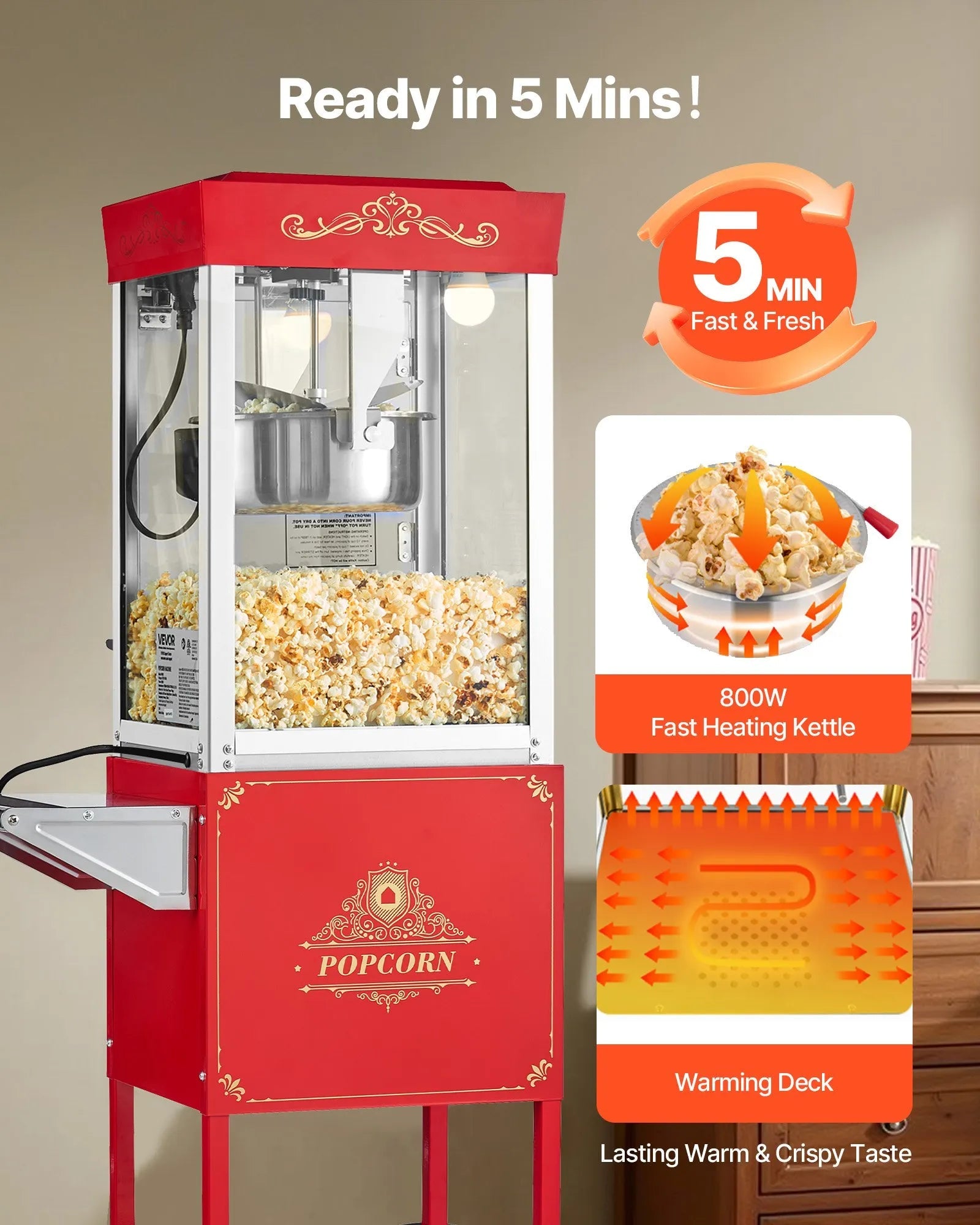 VEVOR Popcorn Machine with Cart, 8oz Stainless Steel Kettle, 800W Commercial Popcorn Maker, 48 Cups per Batch Theater Style Popper, with 2-Button Control Glass Wall PC Door 1 Scoop 3 Spoons, Red 