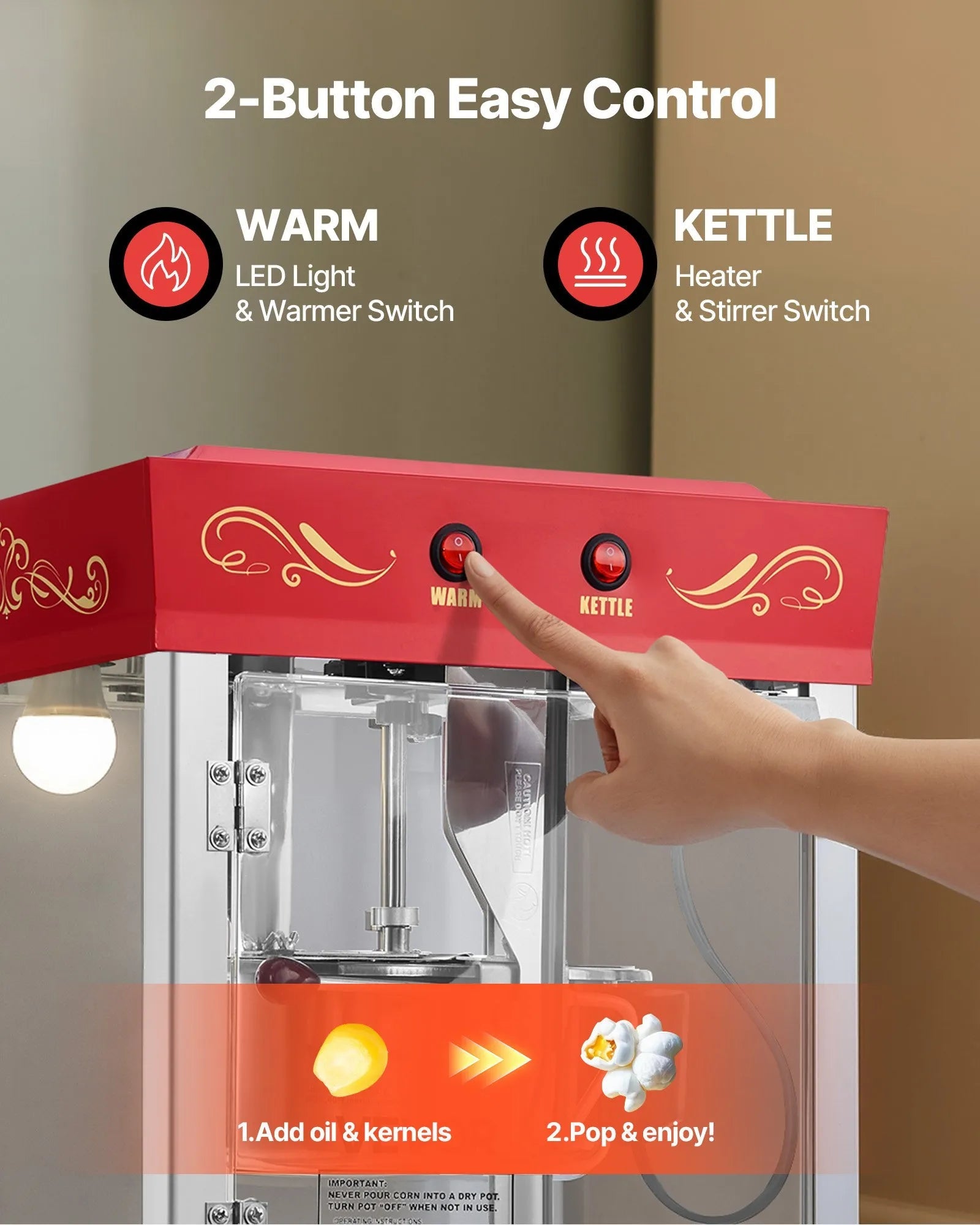 VEVOR Popcorn Machine with Cart, 8oz Stainless Steel Kettle, 800W Commercial Popcorn Maker, 48 Cups per Batch Theater Style Popper, with 2-Button Control Glass Wall PC Door 1 Scoop 3 Spoons, Red 