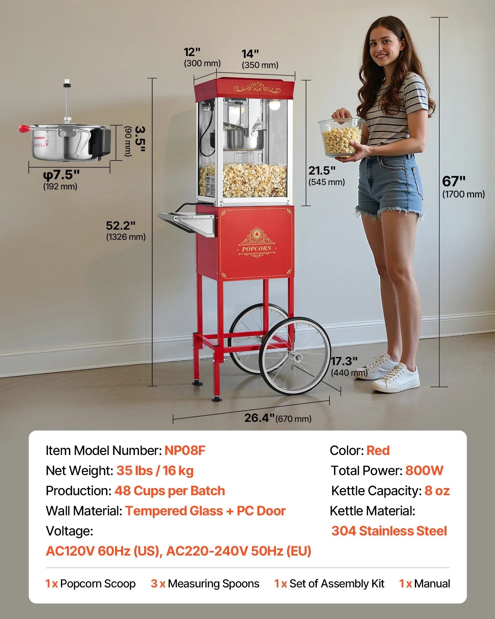 VEVOR Popcorn Machine with Cart, 8oz Stainless Steel Kettle, 800W Commercial Popcorn Maker, 48 Cups per Batch Theater Style Popper, with 2-Button Control Glass Wall PC Door 1 Scoop 3 Spoons, Red 