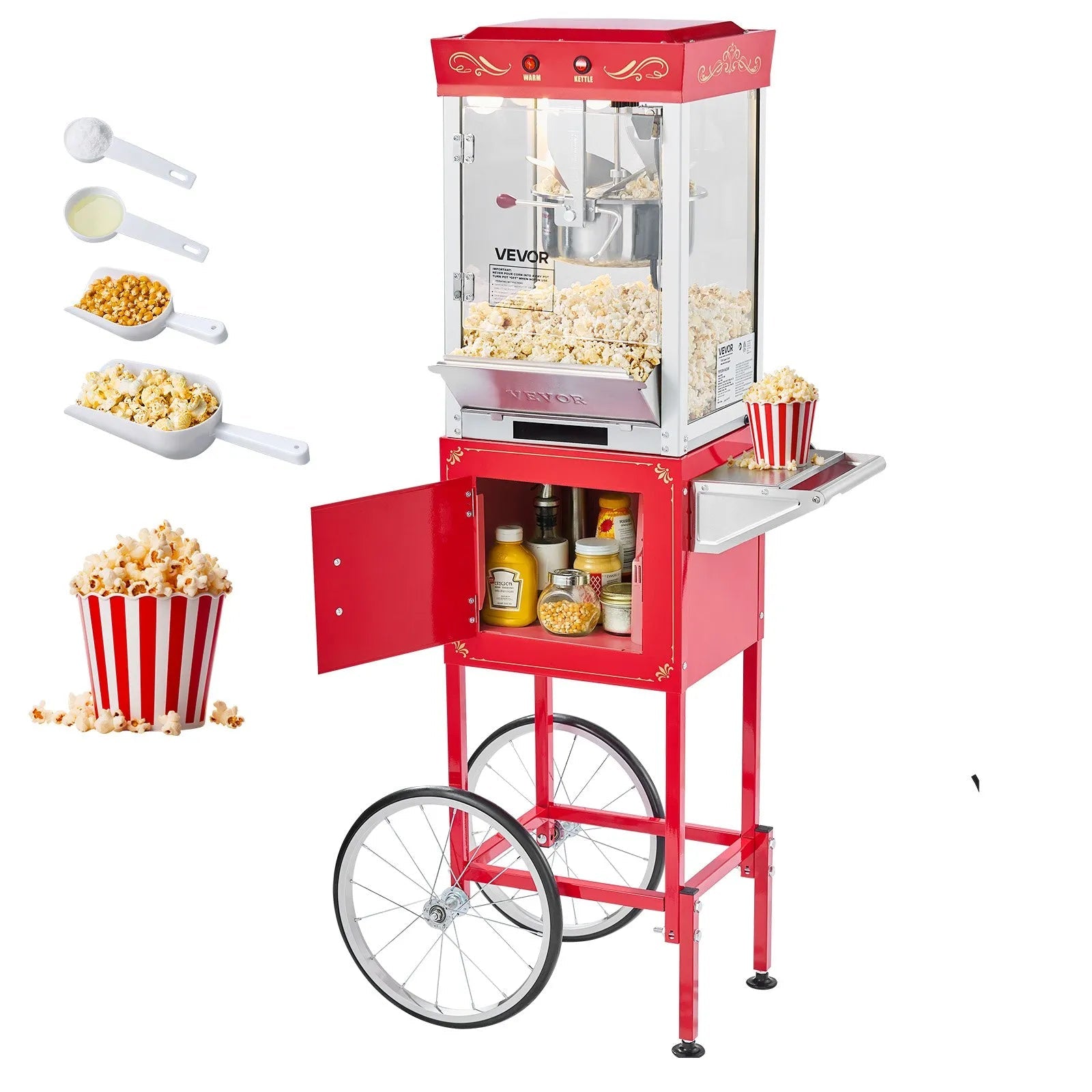 VEVOR Popcorn Machine with Cart, 8oz Stainless Steel Kettle, 800W Commercial Popcorn Maker, 48 Cups per Batch Theater Style Popper, with 2-Button Control Glass Wall PC Door 1 Scoop 3 Spoons, Red 