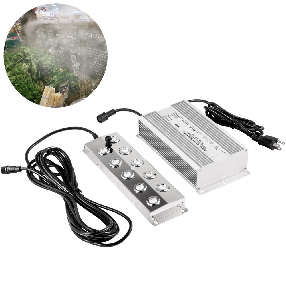 VEVOR Mist Maker 10 Head Ultrasonic Mist Fogger with Waterproof Power Supply Ultrasonic Fogger Humidifier Stainless Steel Pond Mister Fogger 5kg/h Ultrasonic Mist Humidifier for Gardening and Pond 