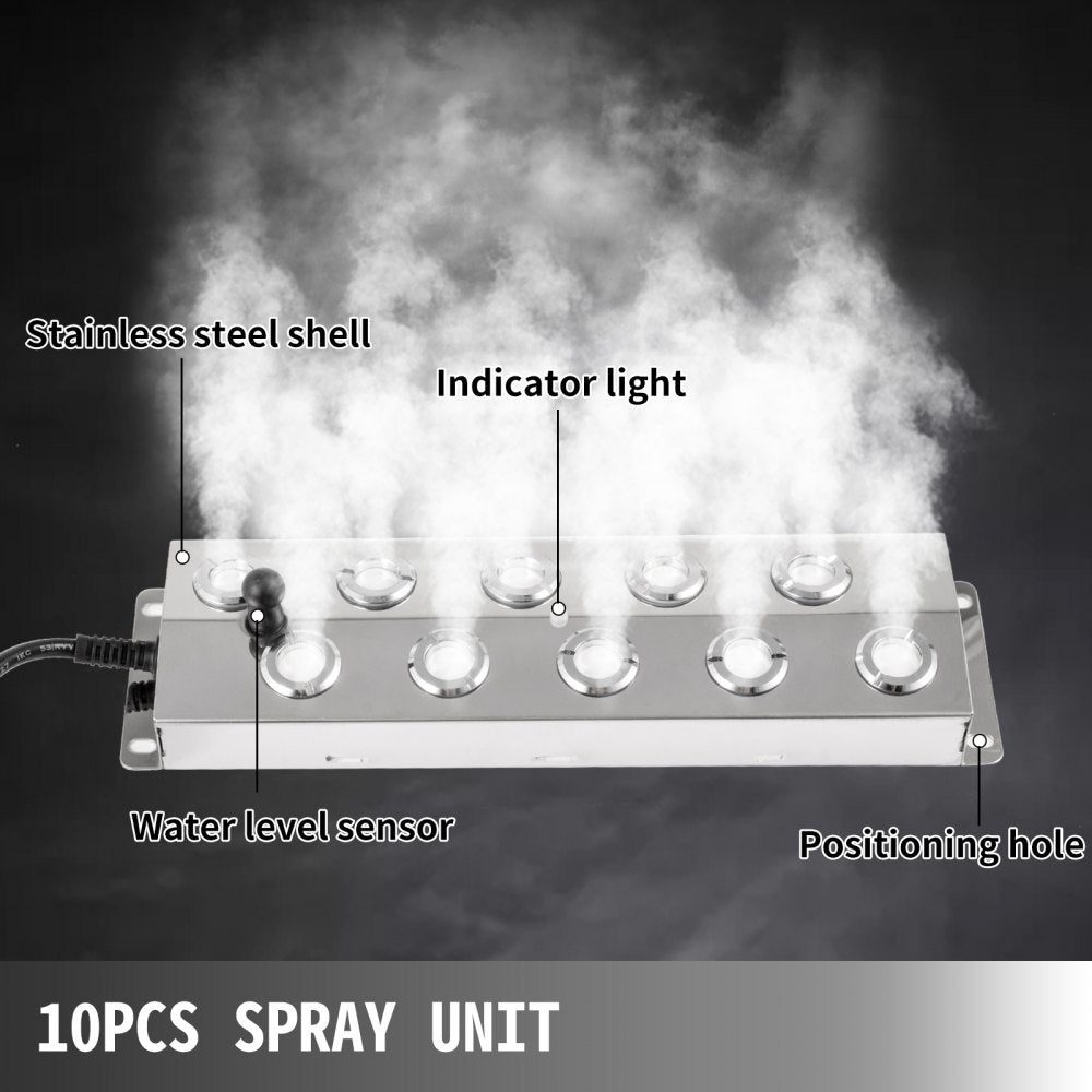 VEVOR Mist Maker 10 Head Ultrasonic Mist Fogger with Waterproof Power Supply Ultrasonic Fogger Humidifier Stainless Steel Pond Mister Fogger 5kg/h Ultrasonic Mist Humidifier for Gardening and Pond 
