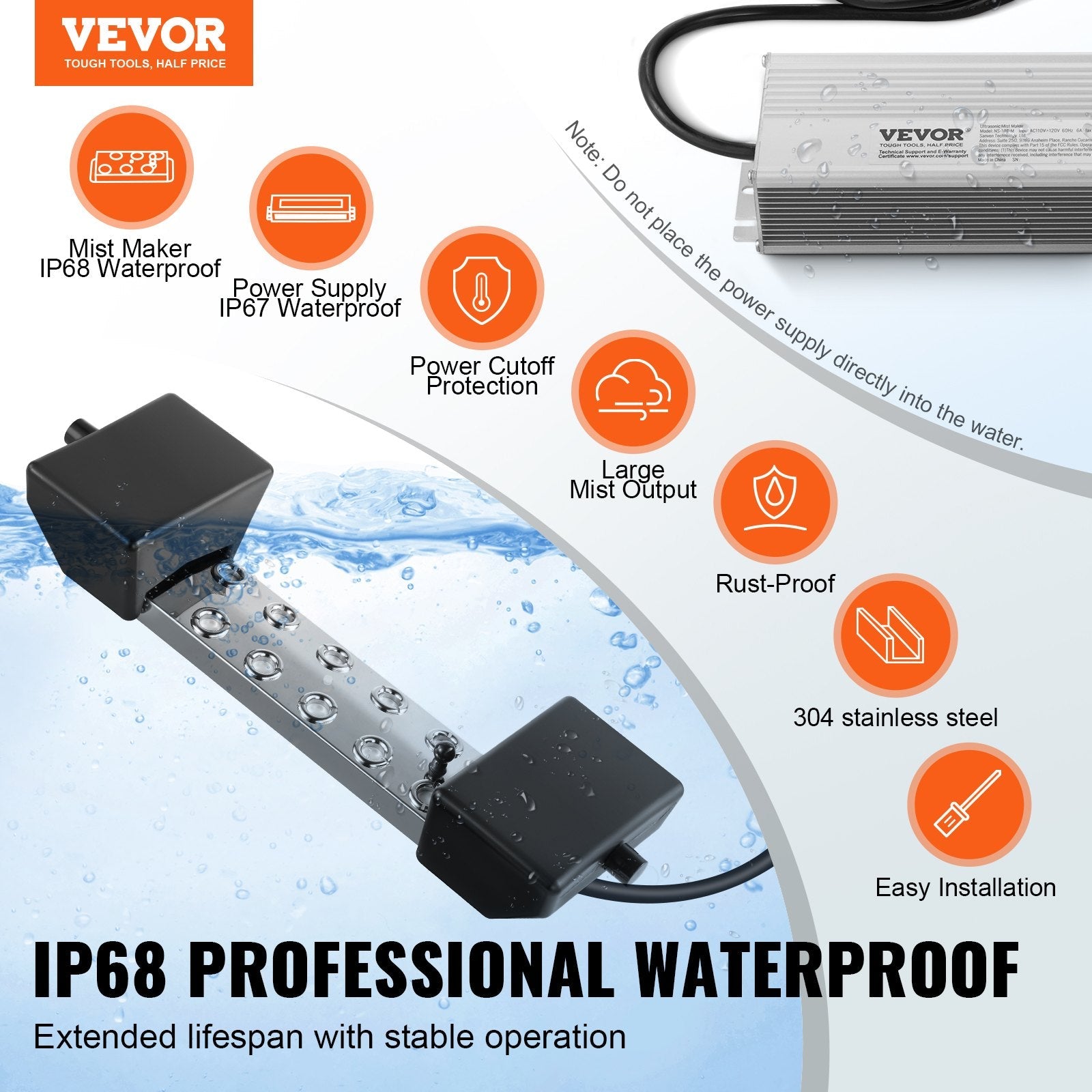 VEVOR 10 Head Ultrasonic Mist Maker 7000mL/H Ultrasonic Fogger IP67 Waterproof 