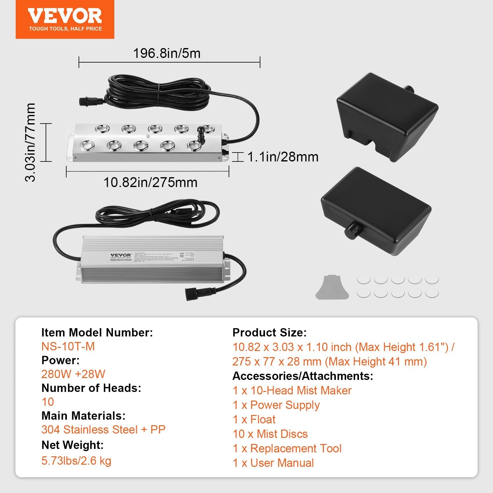 VEVOR 10 Head Ultrasonic Mist Maker 7000mL/H Ultrasonic Fogger IP67 Waterproof 