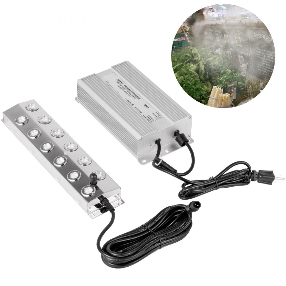 VEVOR Mist Maker 12 Head Ultrasonic Mist Fogger with Waterproof Power Supply Ultrasonic Fogger Humidifier Stainless Steel Pond Mister Fogger 7kg/h 