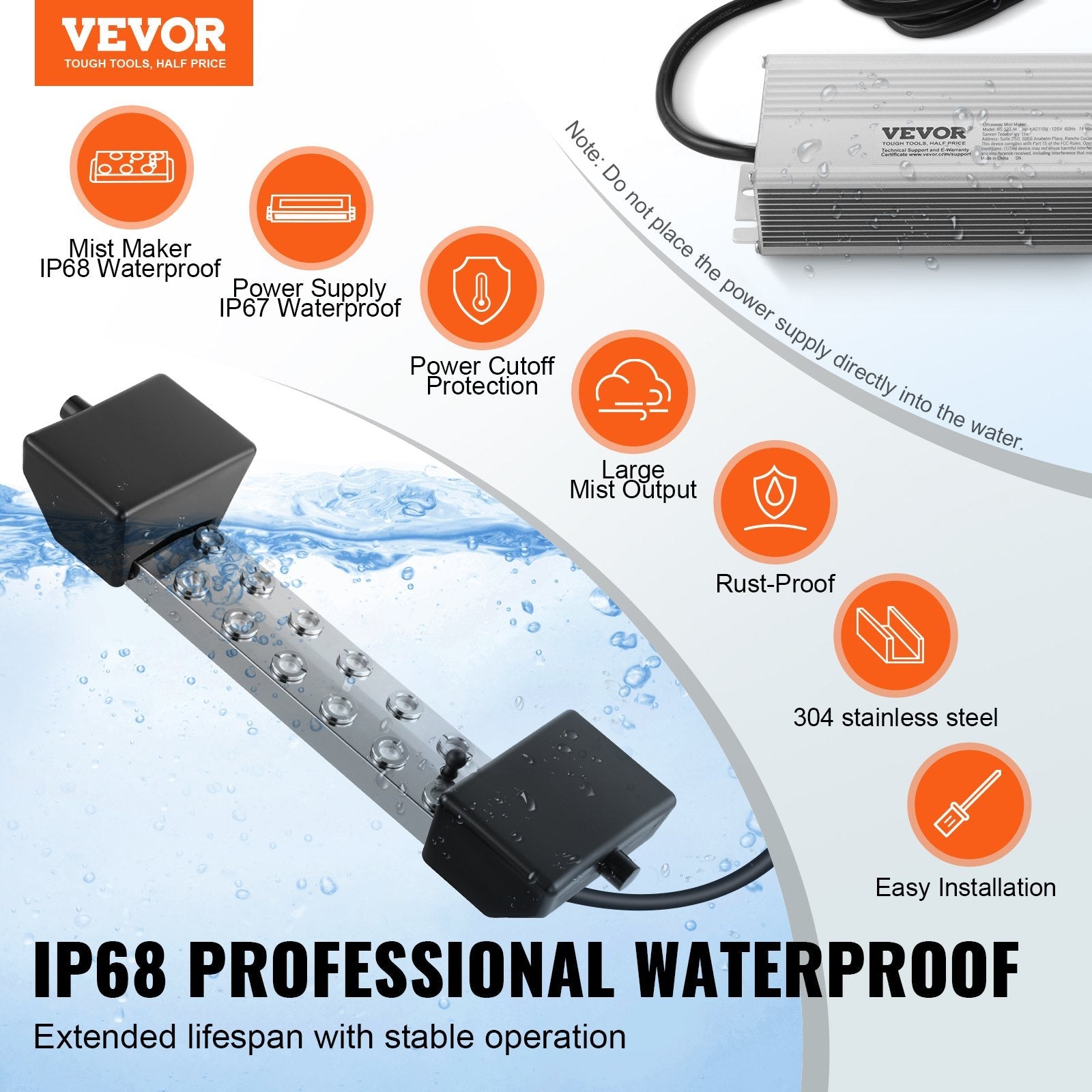 VEVOR 12 Head Ultrasonic Mist Maker 9000mL/H Ultrasonic Fogger IP67 Waterproof 