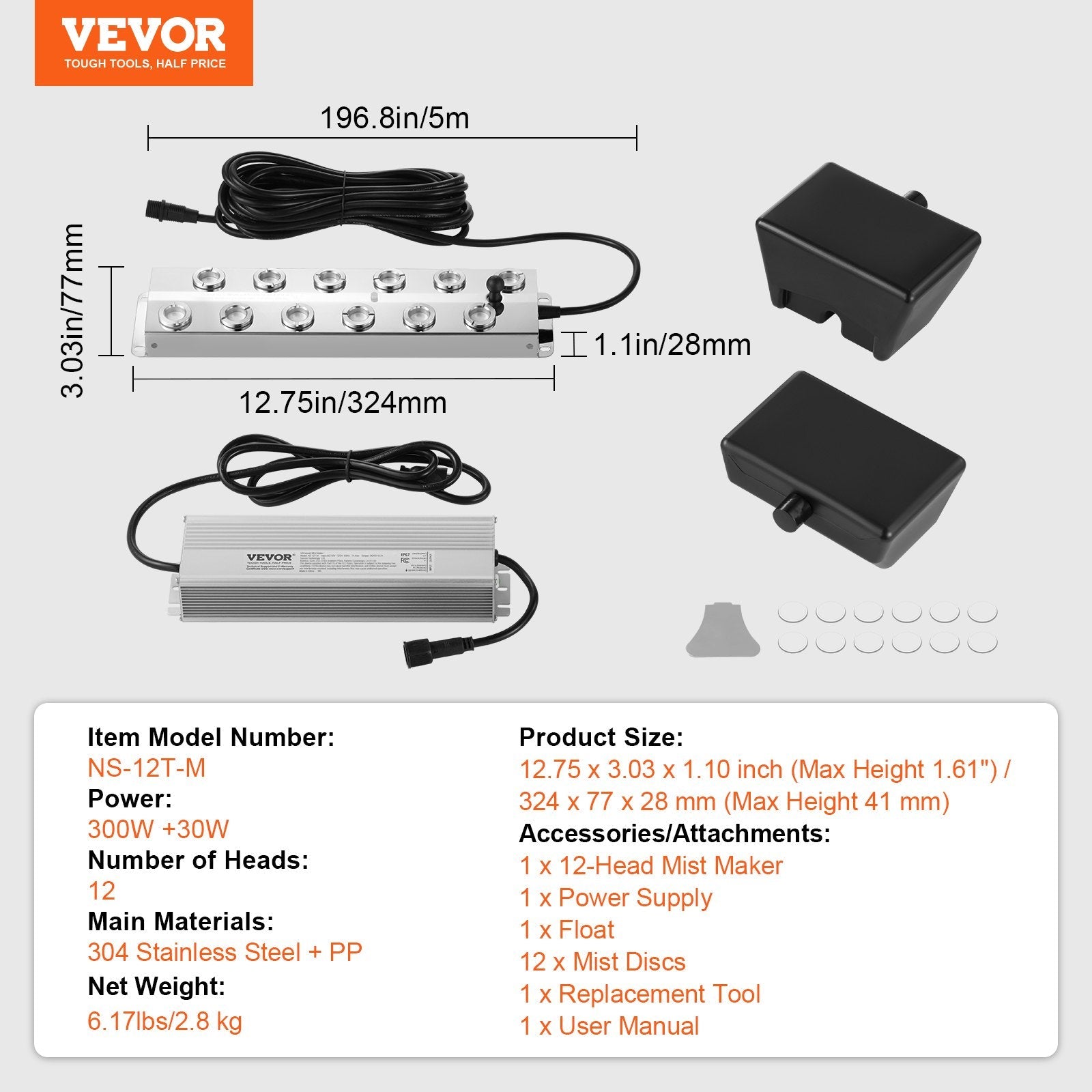 VEVOR 12 Head Ultrasonic Mist Maker 9000mL/H Ultrasonic Fogger IP67 Waterproof 