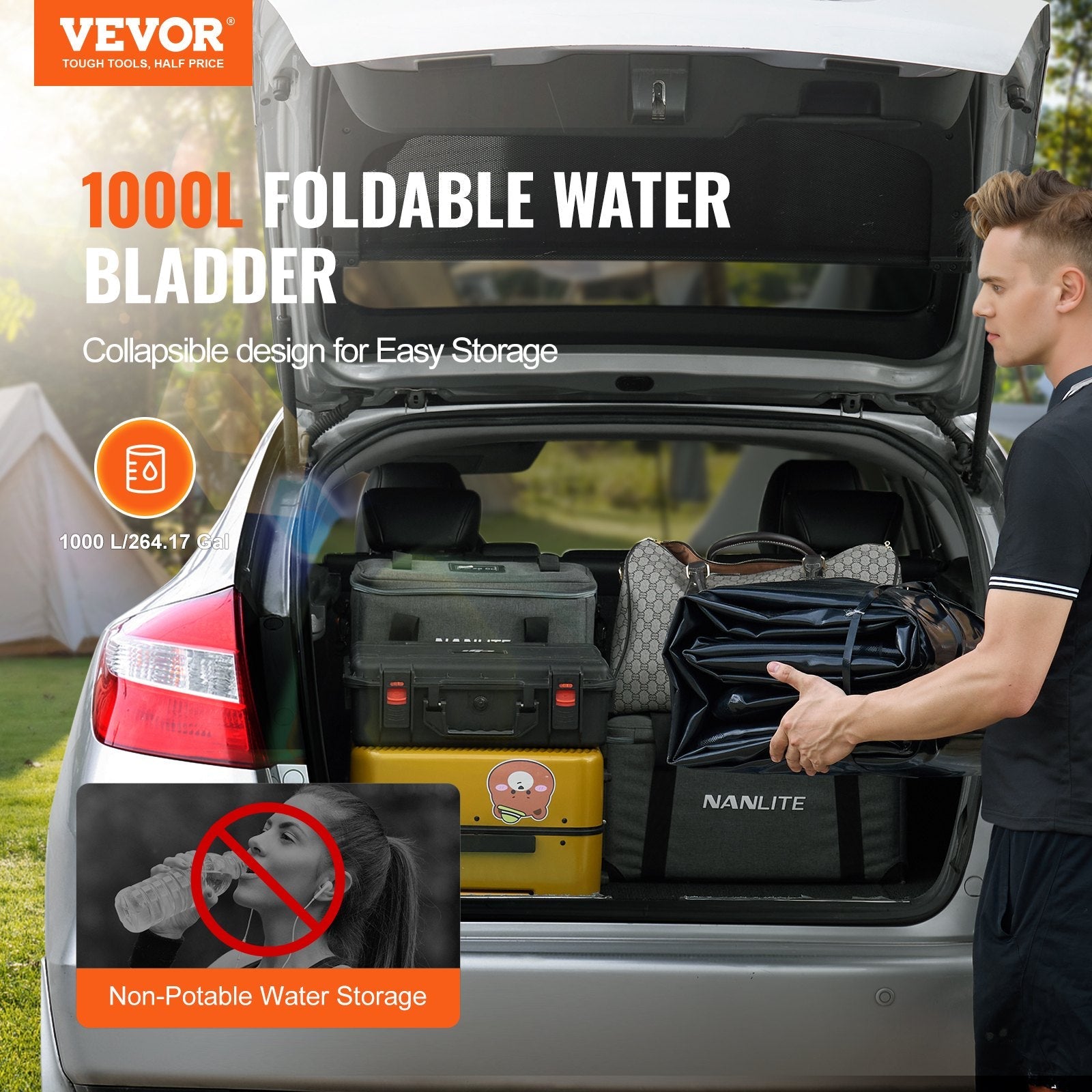 VEVOR Portable Water Storage Bladder 264 Gal PVC Collapsible Water Tank Black 