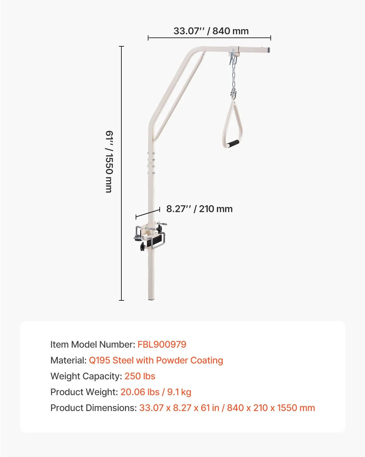 VEVOR Trapeze Bar for Bed Mobility 250LBS Bed Trapeze with Clamps & Metal Chain