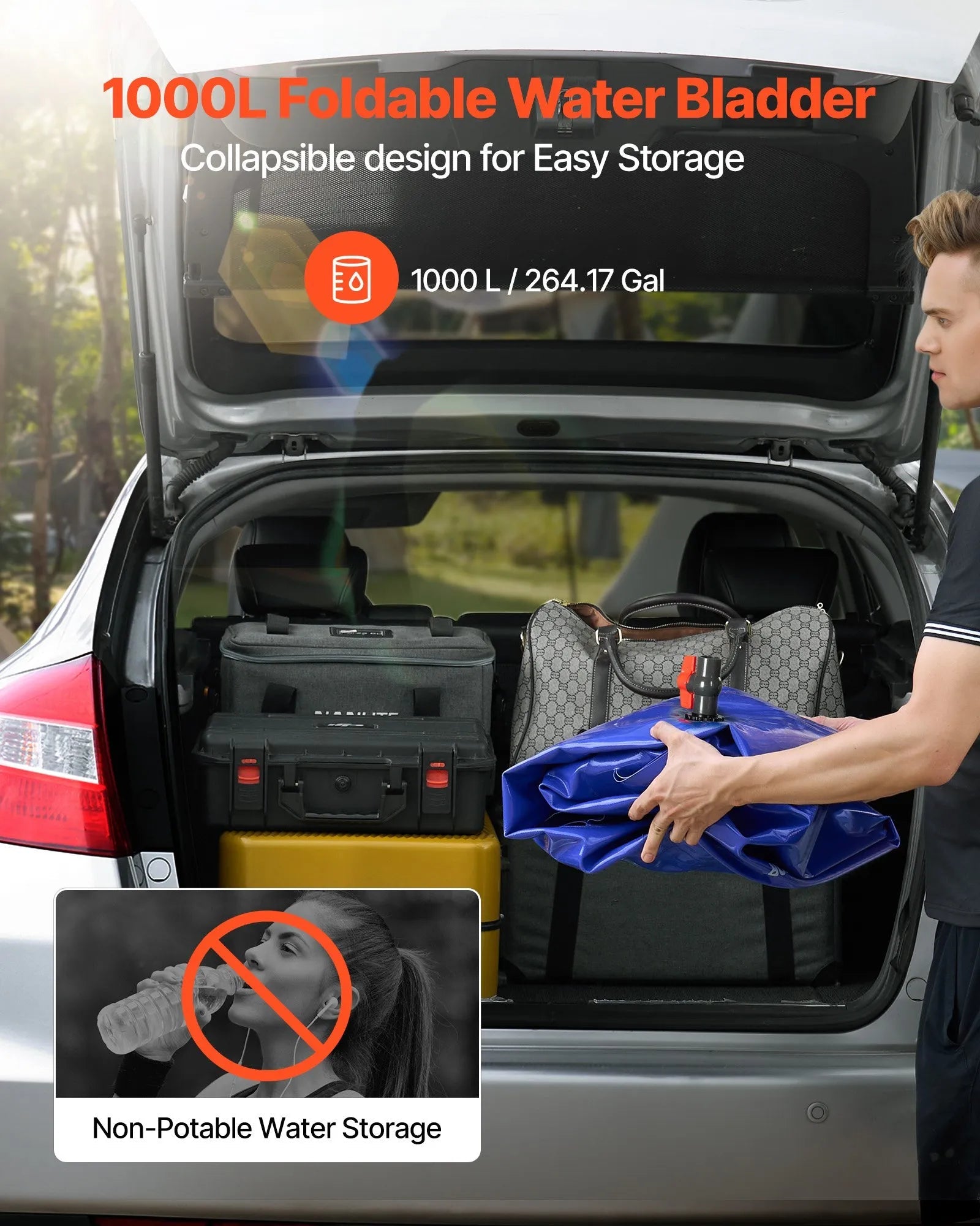 VEVOR Water Storage Bladder, 264 Gallon (1000L) Water Storage Container Tank, 1000D PVC Extra-Large Capacity Soft Bag Bladder, Foldable Portable for Garden Irrigation, Camping, RV, Fire Prevention 