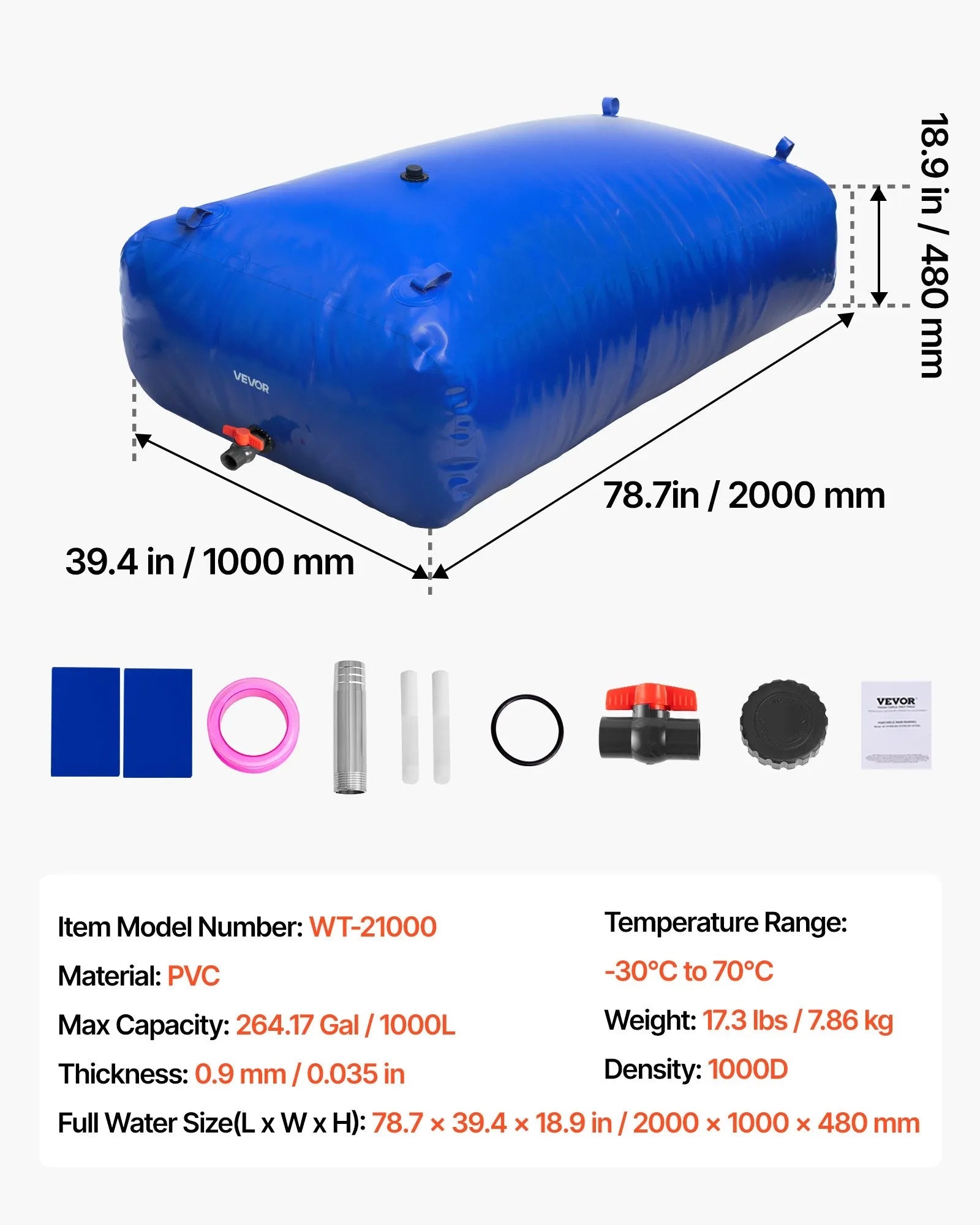 VEVOR Water Storage Bladder, 264 Gallon (1000L) Water Storage Container Tank, 1000D PVC Extra-Large Capacity Soft Bag Bladder, Foldable Portable for Garden Irrigation, Camping, RV, Fire Prevention 