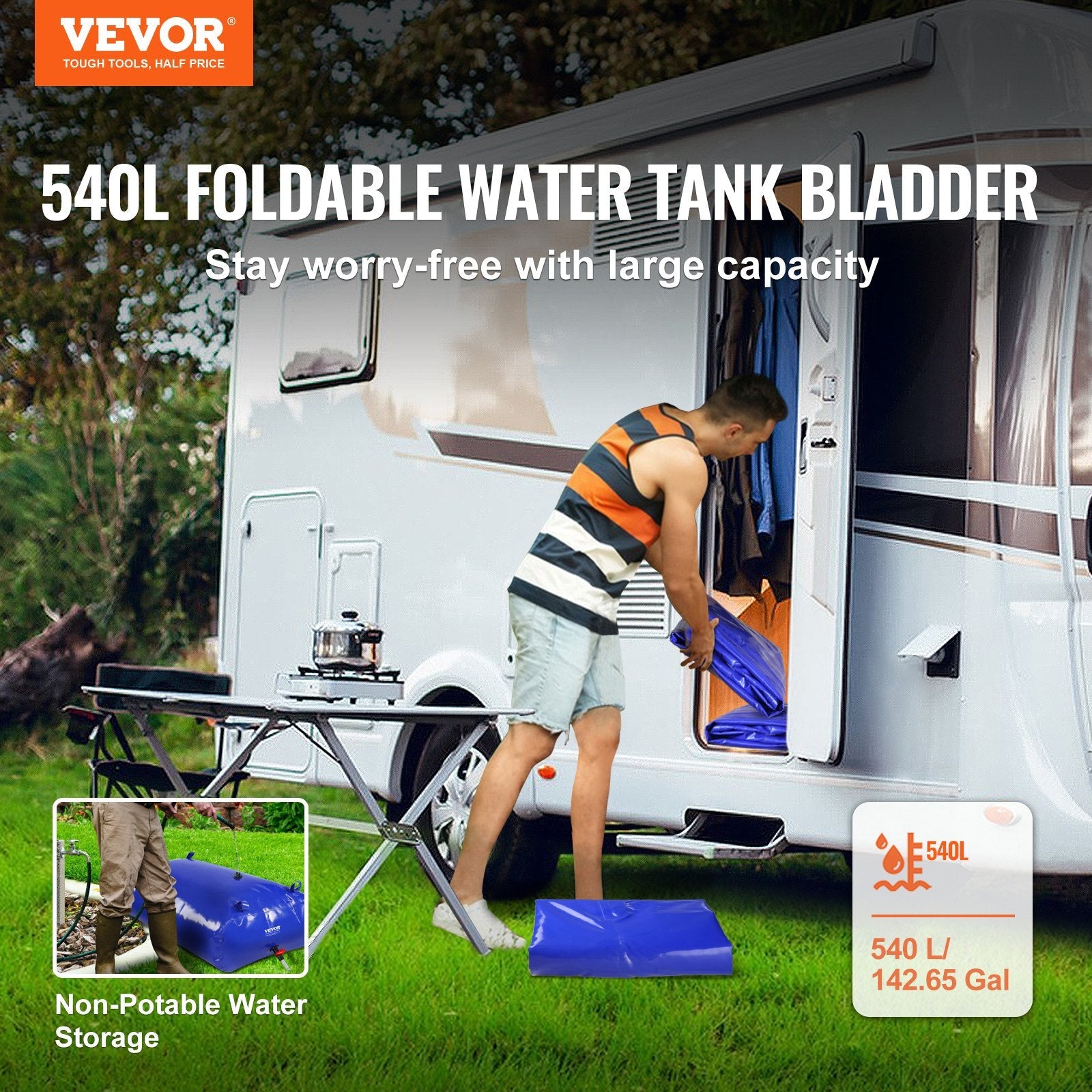 VEVOR 540L/142.7 Gallon Water Storage Bladder, RV Water Tank, 1000D Blue PVC Collapsible Water Storage Containers, Large Capacity Soft Water Bag, Portable Water Bladder, Fire Prevention, Camping, Emer 