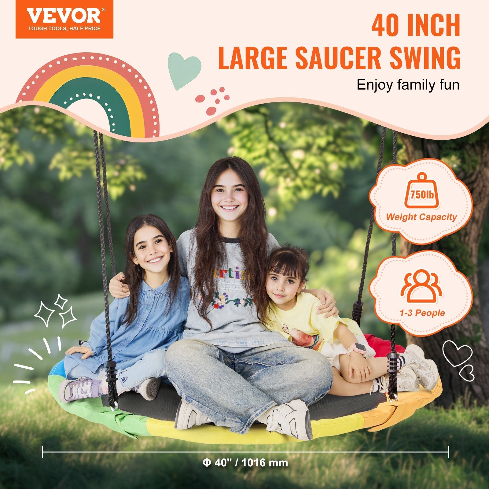 VEVOR Tree Swing 40In Saucer Swing 750lbs Weight Capacity 900D Oxford Multicolor 