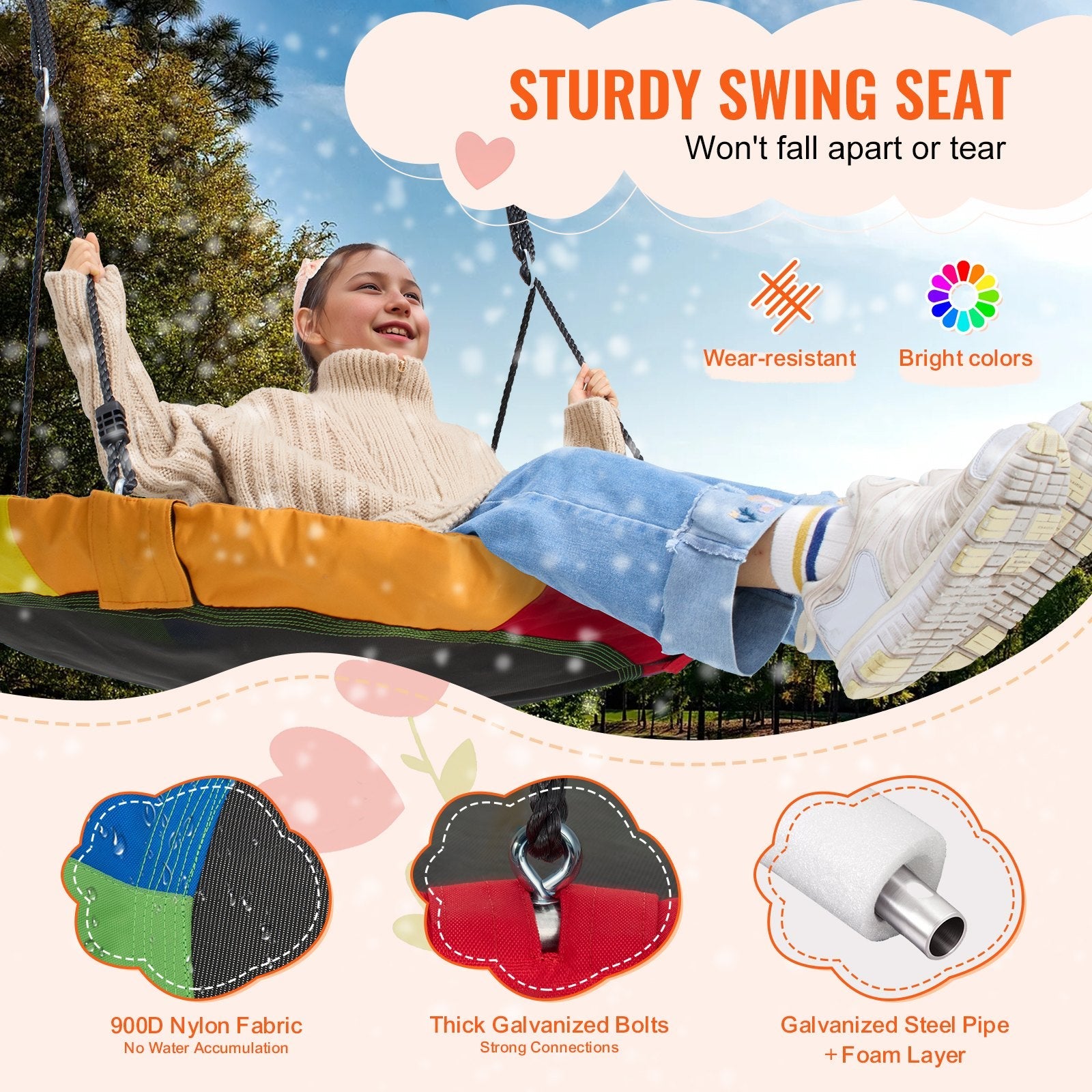VEVOR Tree Swing 40In Saucer Swing 750lbs Weight Capacity 900D Oxford Multicolor 