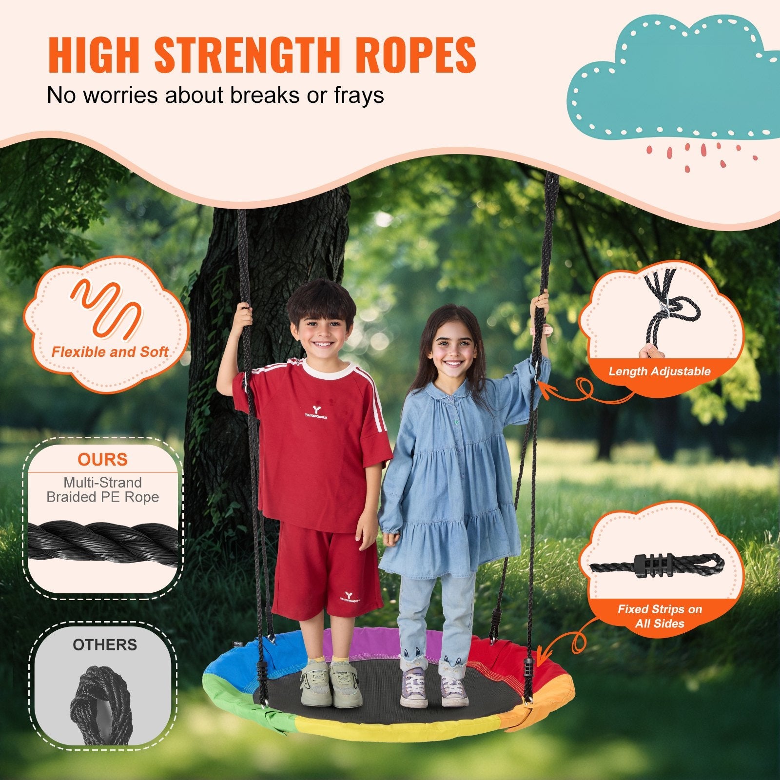 VEVOR Tree Swing 40In Saucer Swing 750lbs Weight Capacity 900D Oxford Multicolor 