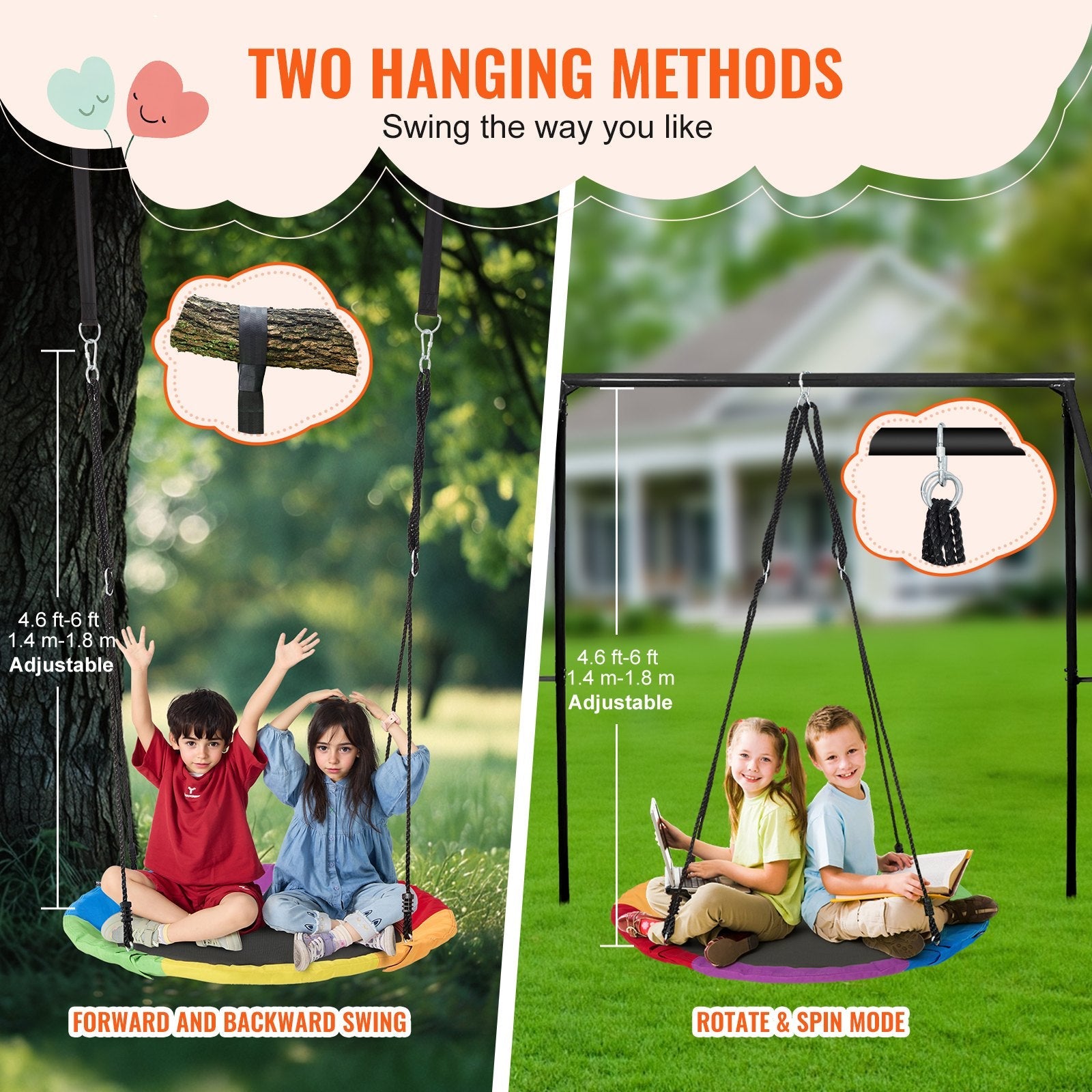 VEVOR Tree Swing 40In Saucer Swing 750lbs Weight Capacity 900D Oxford Multicolor 
