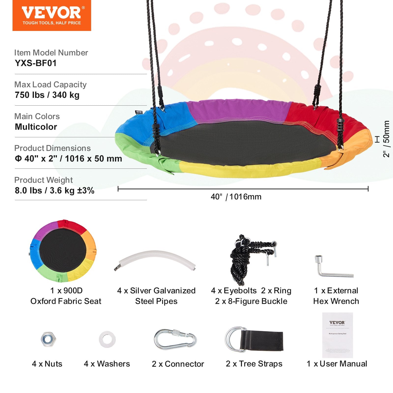 VEVOR Tree Swing 40In Saucer Swing 750lbs Weight Capacity 900D Oxford Multicolor 