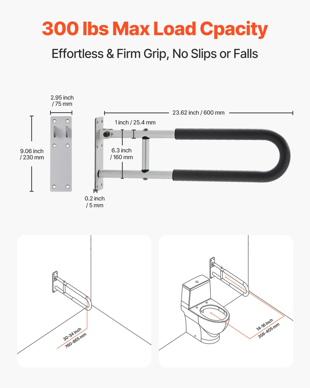 VEVOR Folding Toilet Safety Rail 23.8 In 300 Lbs Load Capacity Handicap Grab Bar 