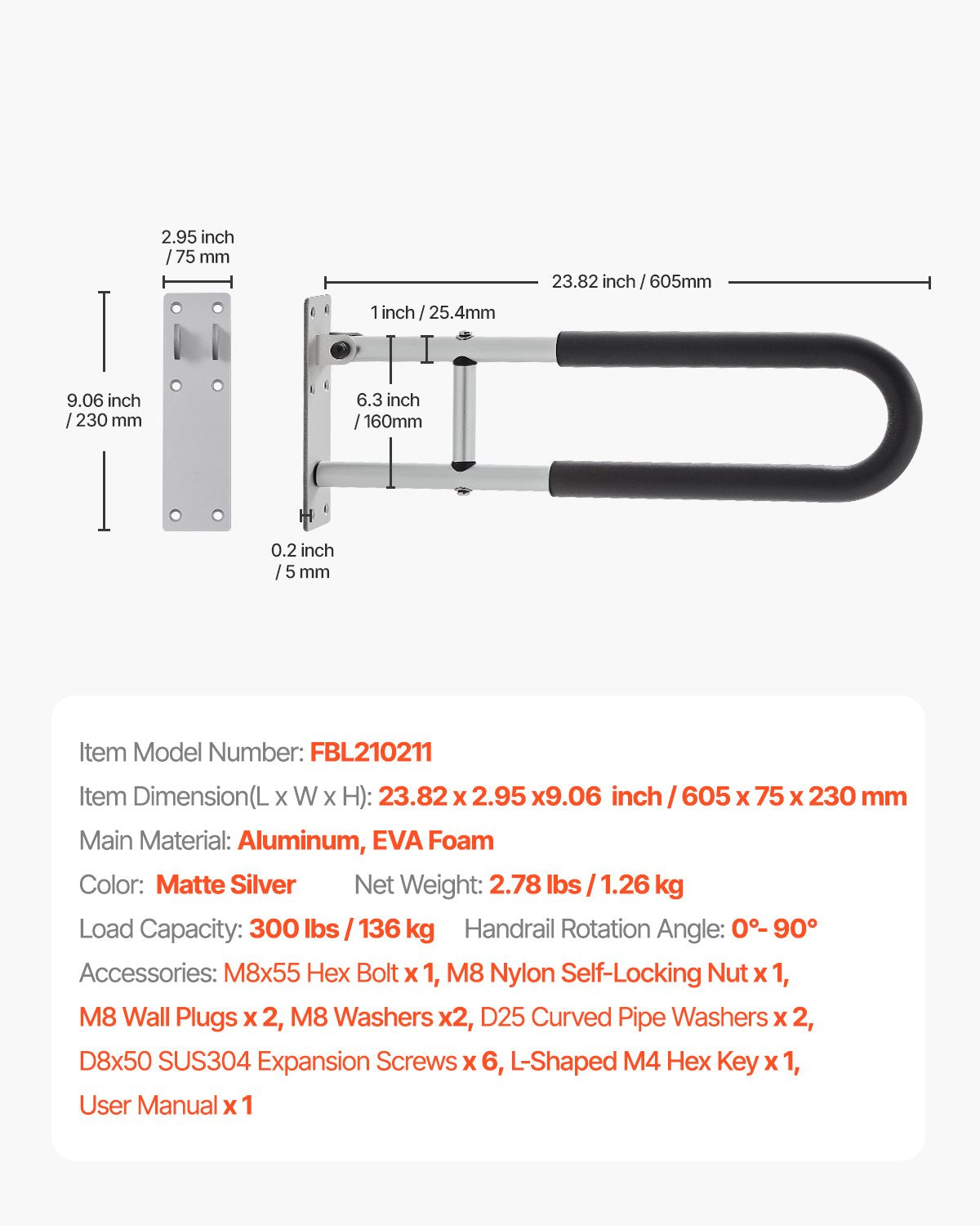 VEVOR Folding Toilet Safety Rail 23.8 In 300 Lbs Load Capacity Handicap Grab Bar 