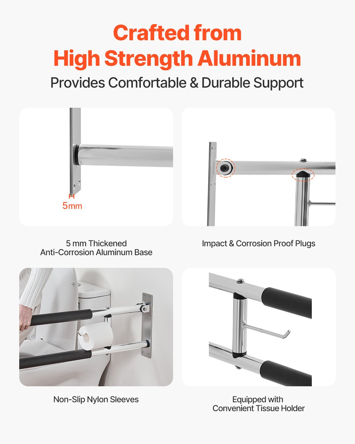 VEVOR Folding Toilet Safety Rail 30 In 300 Lbs Load Capacity with Paper Holder 