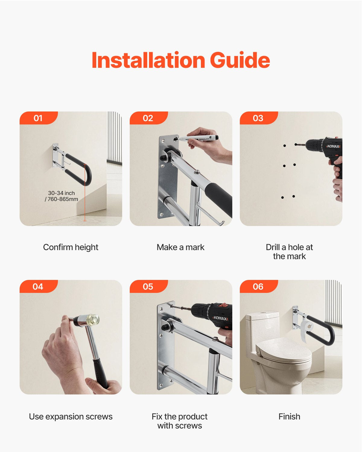 VEVOR Folding Toilet Safety Rail 30 In 300 Lbs Load Capacity with Paper Holder 