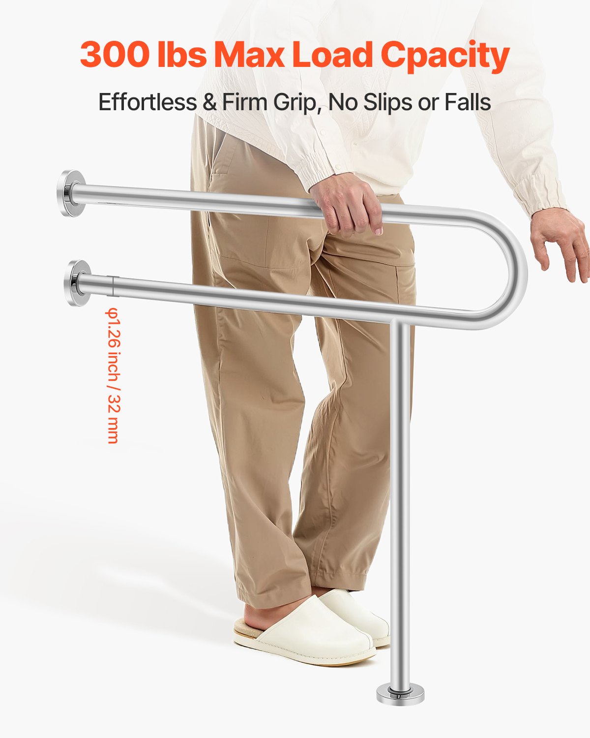 VEVOR Toilet Safety Rail with Leg 31.5In 300lb Capacity Stainless Steel Grab Bar 