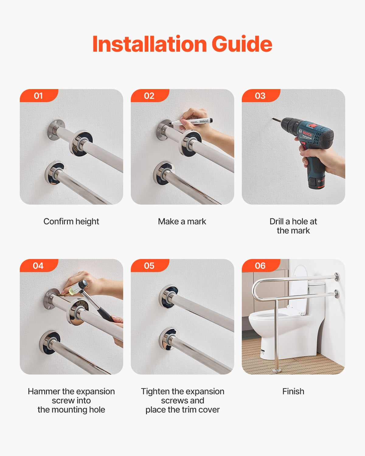 VEVOR Toilet Safety Rail with Leg 31.5In 300lb Capacity Stainless Steel Grab Bar 