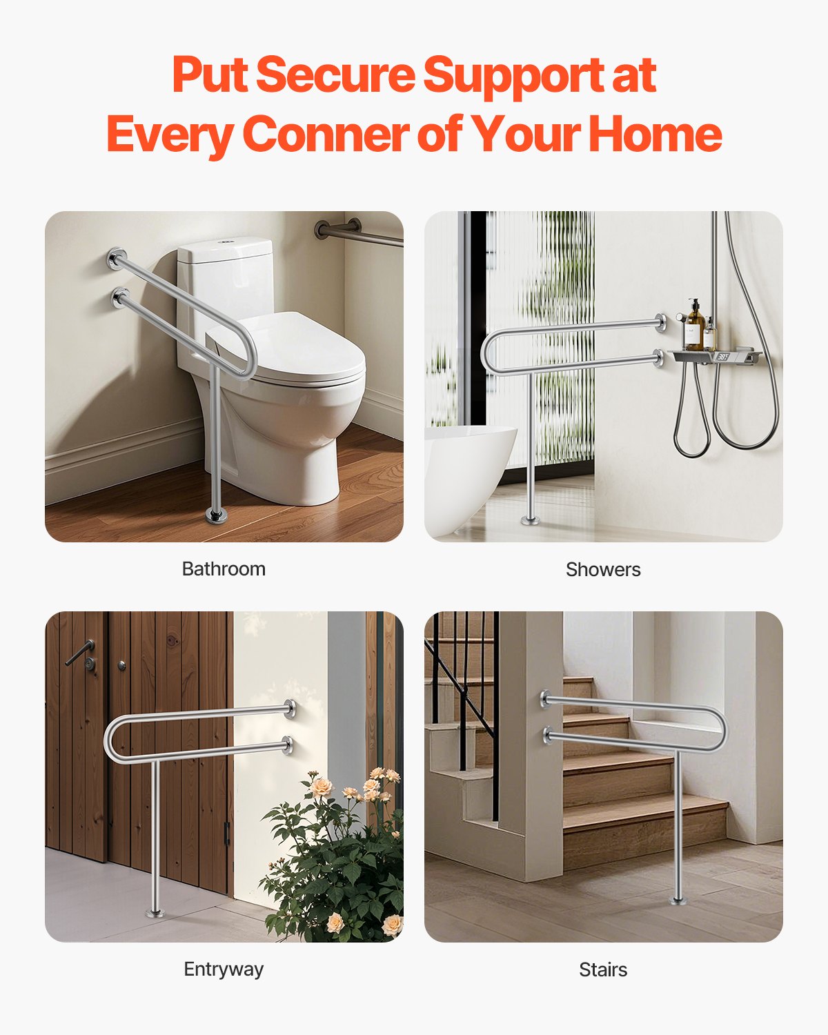 VEVOR Toilet Safety Rail with Leg 31.5In 300lb Capacity Stainless Steel Grab Bar 