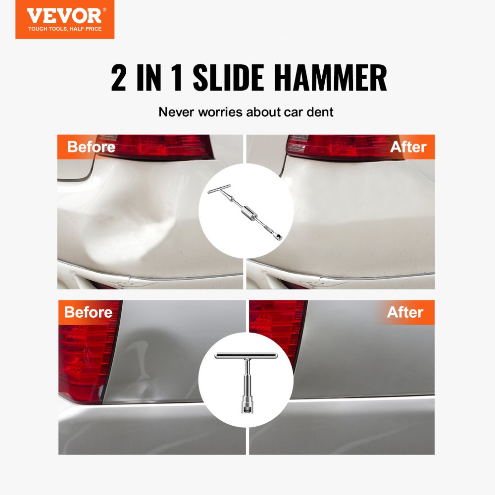 VEVOR 52 PCS Dent Removal Kit, Paintless Dent Repair Kit with 2-in-1 Slide Hammer with Stainless Steel Grooves, Short Puller Lines and Long Puller Lines, for Auto Dent Removal, Minor Dents, Door Ding 