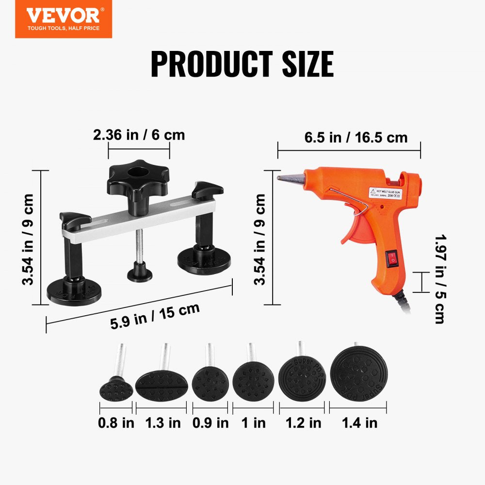 VEVOR 25 PCS Dent Removal Kit, Paintless Dent Repair Kit with Bridge Puller and Puller Tabs, Auto Dent Puller Kit with Hot Glue Gun, Glue Sticks for Auto Body Dents, and Other Metal Surface Dents 