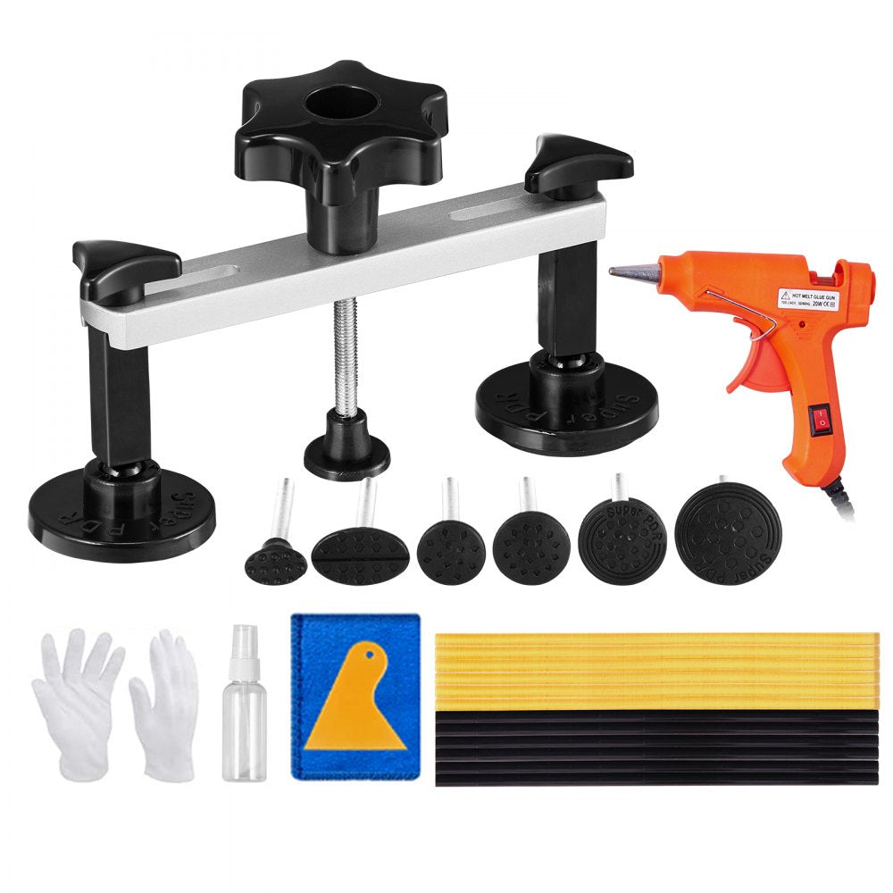 VEVOR 25 PCS Dent Removal Kit, Paintless Dent Repair Kit with Bridge Puller and Puller Tabs, Auto Dent Puller Kit with Hot Glue Gun, Glue Sticks for Auto Body Dents, and Other Metal Surface Dents 